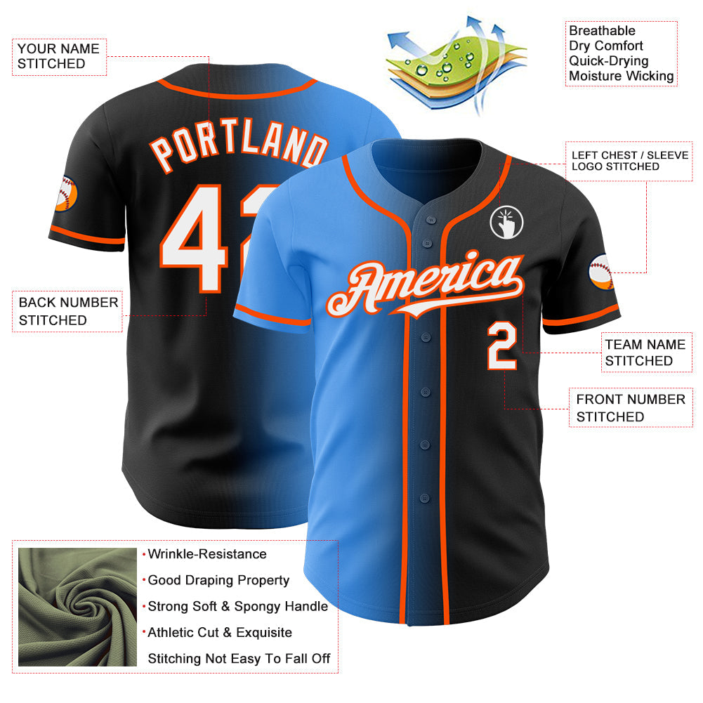 Custom Black White Electric Blue-Orange Authentic Gradient Fashion Baseball Jersey view 3