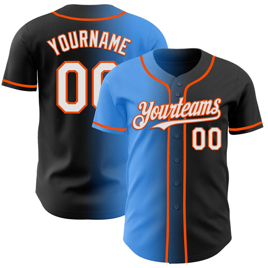 Custom Black White Electric Blue-Orange Authentic Gradient Fashion Baseball Jersey - Main View