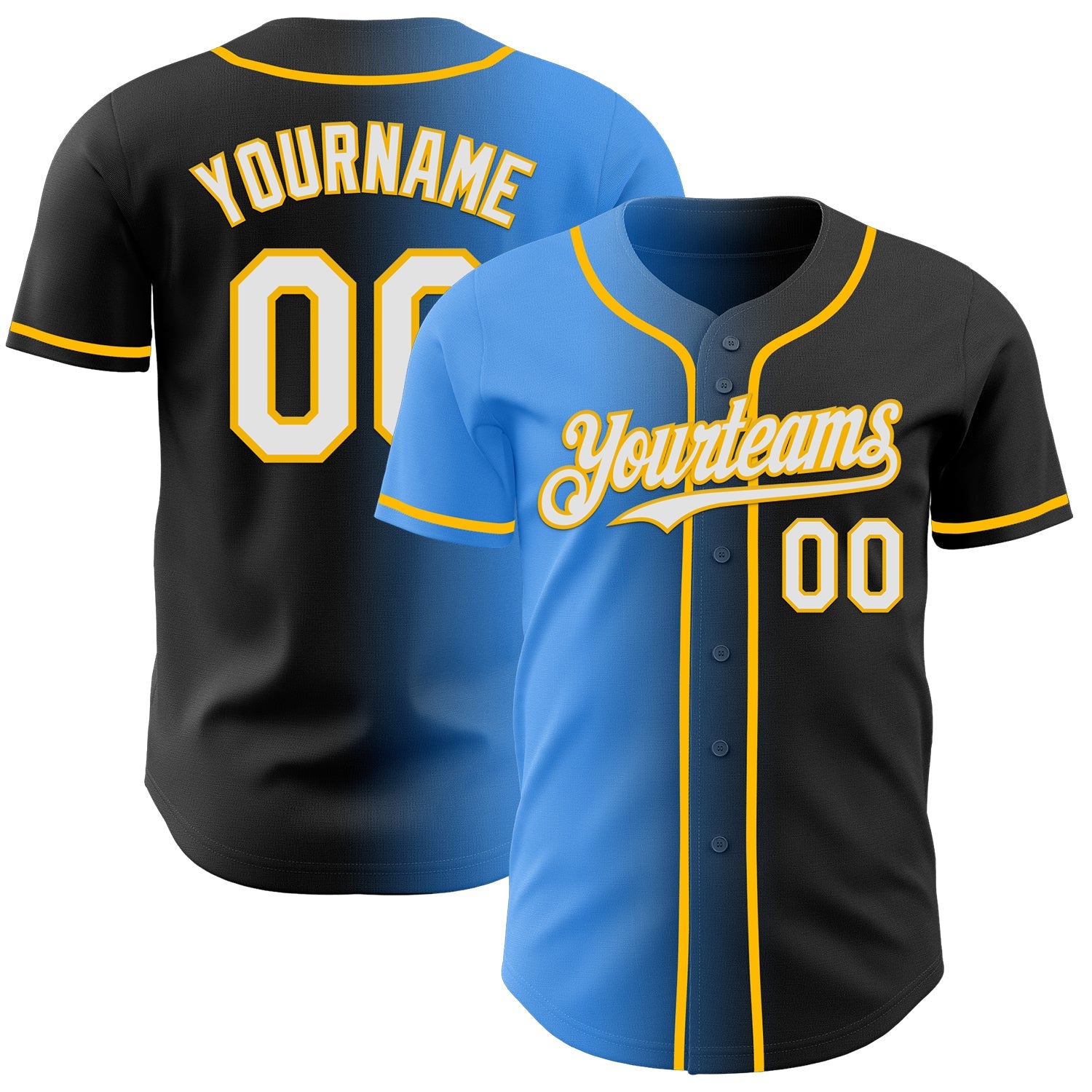 Custom Black White Electric Blue-Gold Authentic Gradient Fashion Baseball Jersey - Main View