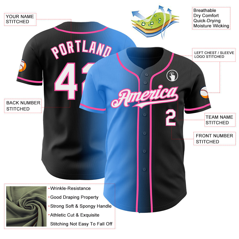 Custom Black White Electric Blue-Pink Authentic Gradient Fashion Baseball Jersey view 3