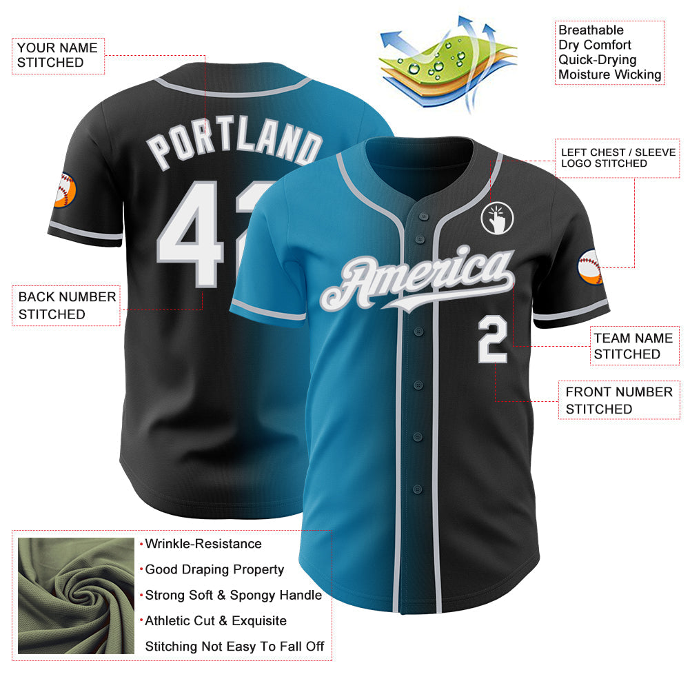 Custom Black White Panther Blue-Gray Authentic Gradient Fashion Baseball Jersey view 3