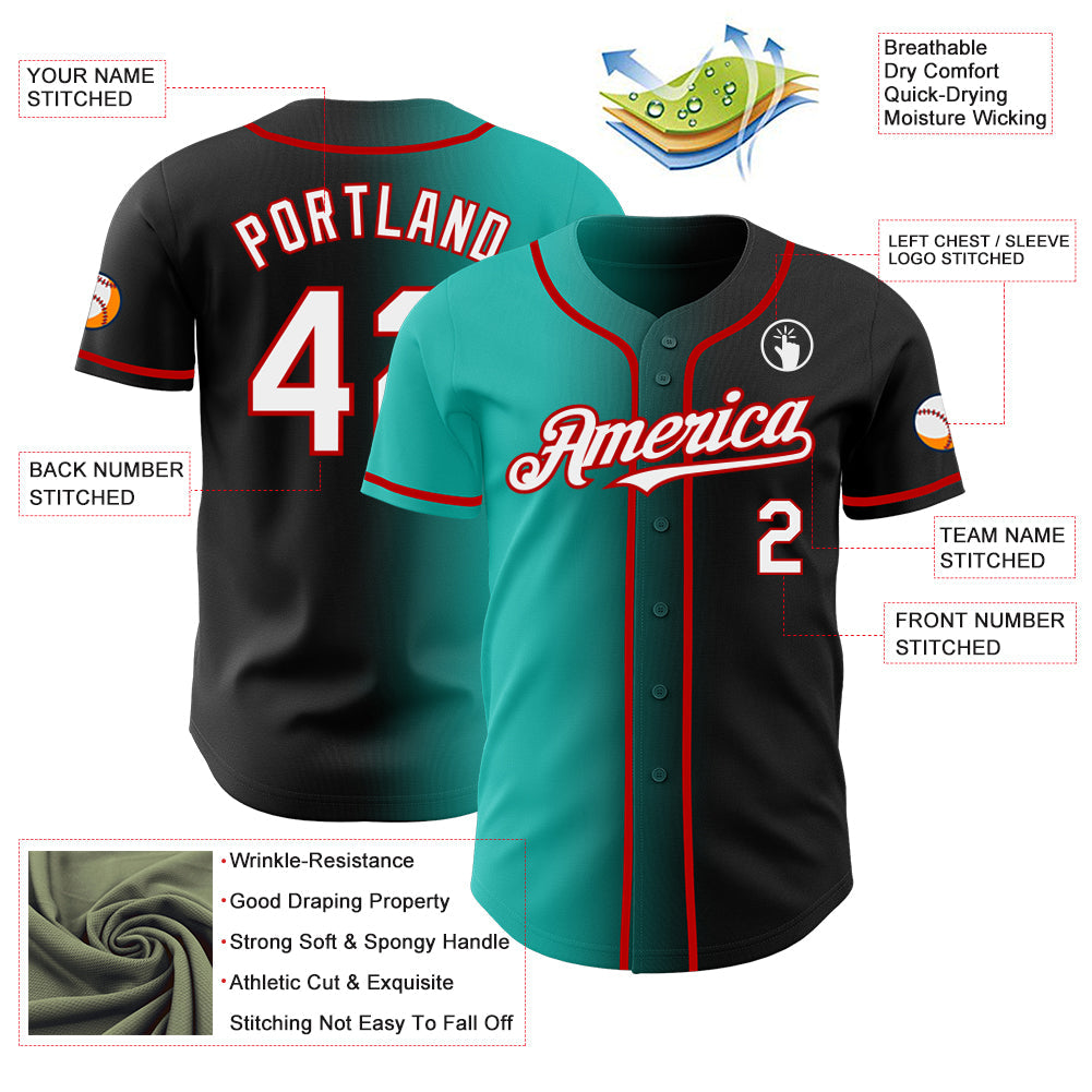 Custom Black White Aqua-Red Authentic Gradient Fashion Baseball Jersey view 3