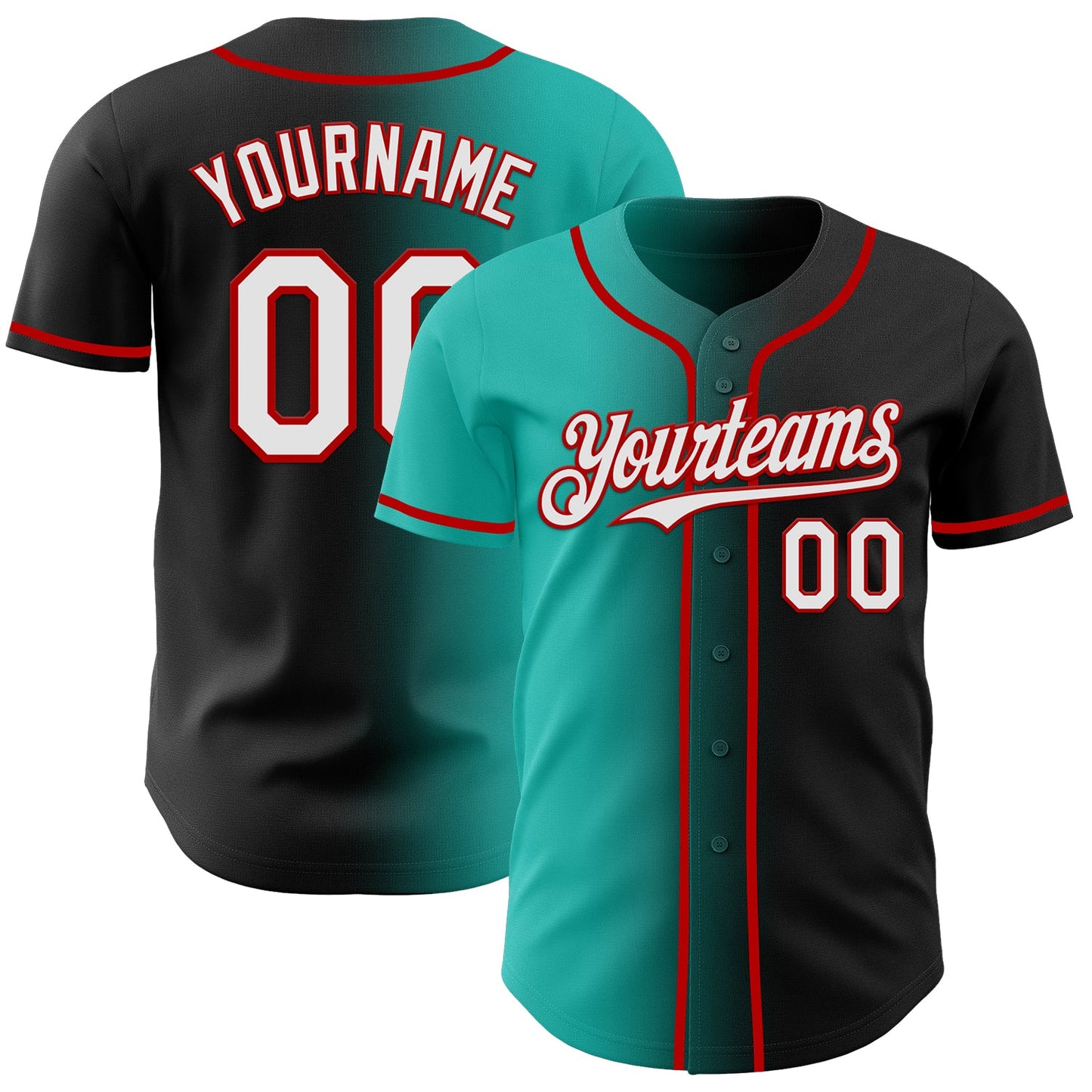 Custom Black White Aqua-Red Authentic Gradient Fashion Baseball Jersey - Main View