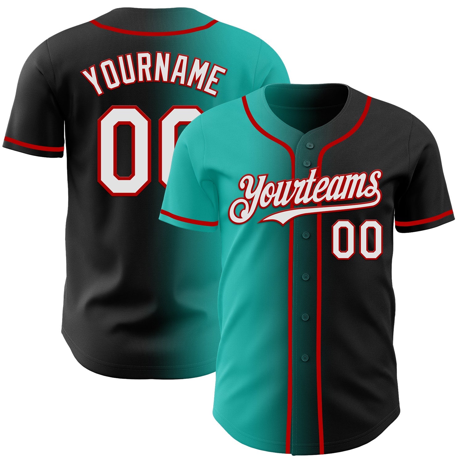 Custom Black White Aqua-Red Authentic Gradient Fashion Baseball Jersey - Main View