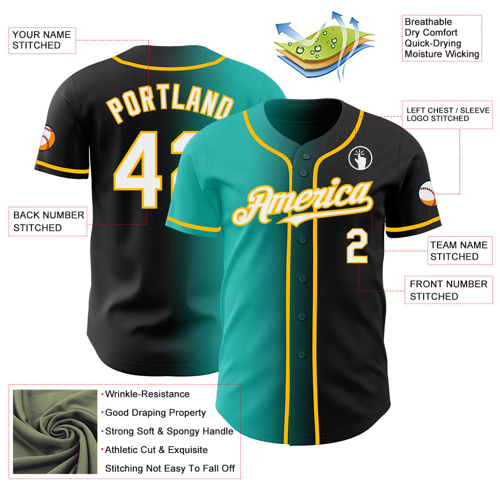 Custom Black White Aqua-Gold Authentic Gradient Fashion Baseball Jersey view 3