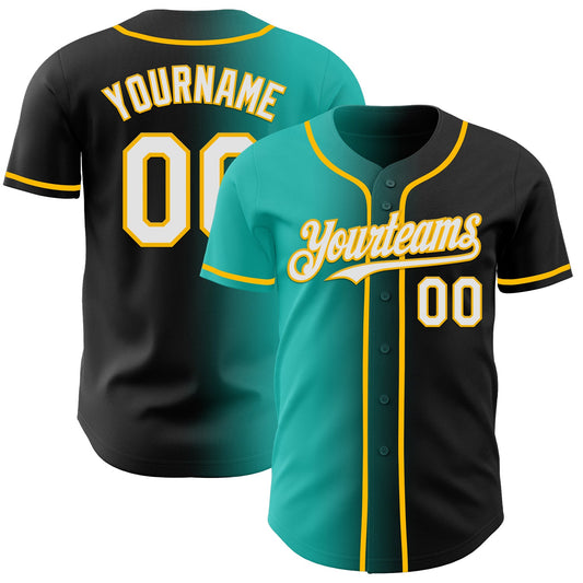 Custom Black White Aqua-Gold Authentic Gradient Fashion Baseball Jersey - Main View