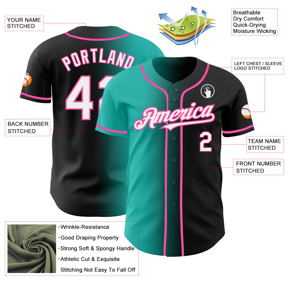 Custom Black White Aqua-Pink Authentic Gradient Fashion Baseball Jersey view 3