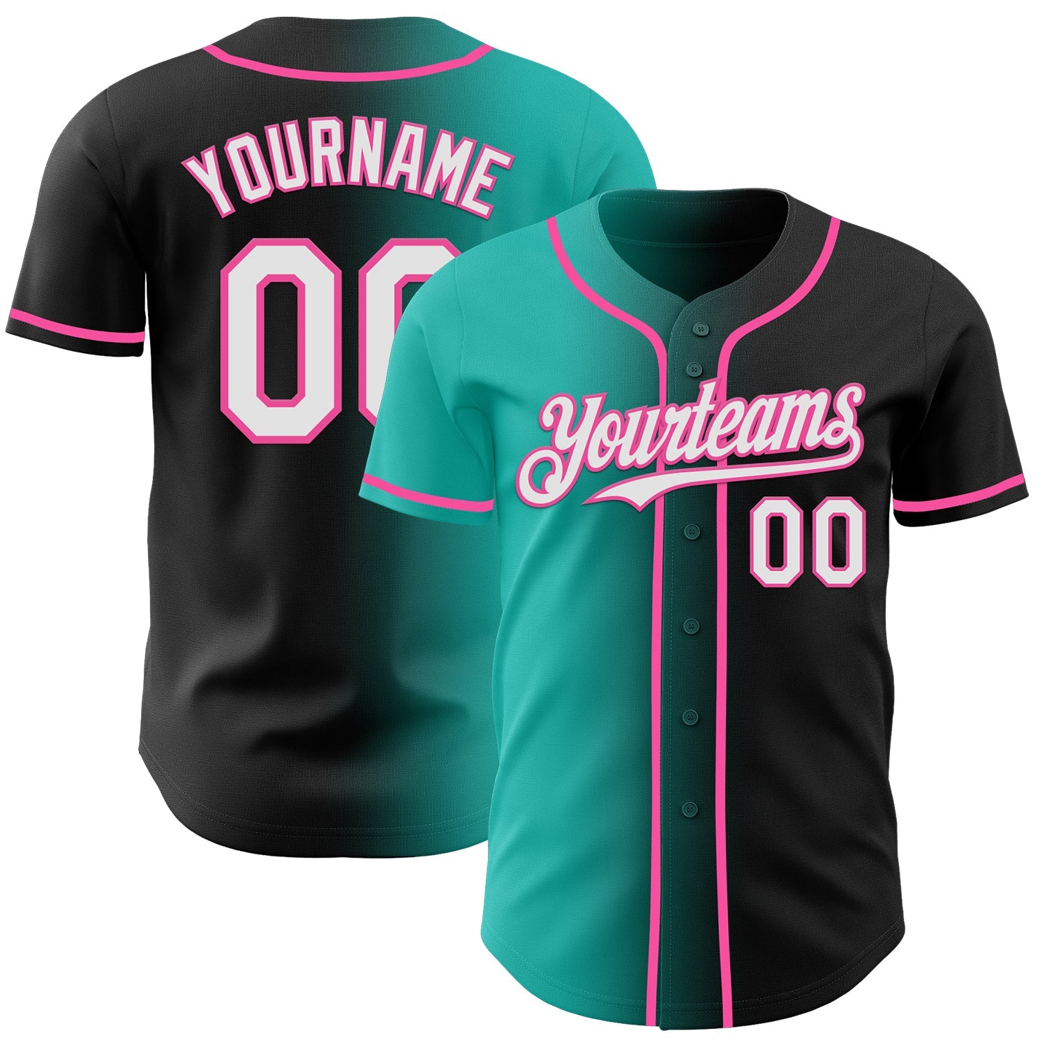 Custom Black White Aqua-Pink Authentic Gradient Fashion Baseball Jersey - Main View