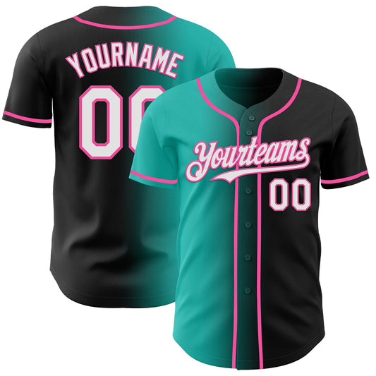 Custom Black White Aqua-Pink Authentic Gradient Fashion Baseball Jersey - Main View