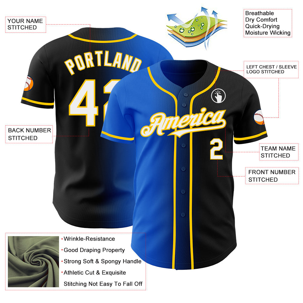 Custom Black White Thunder Blue-Yellow Authentic Gradient Fashion Baseball Jersey view 3