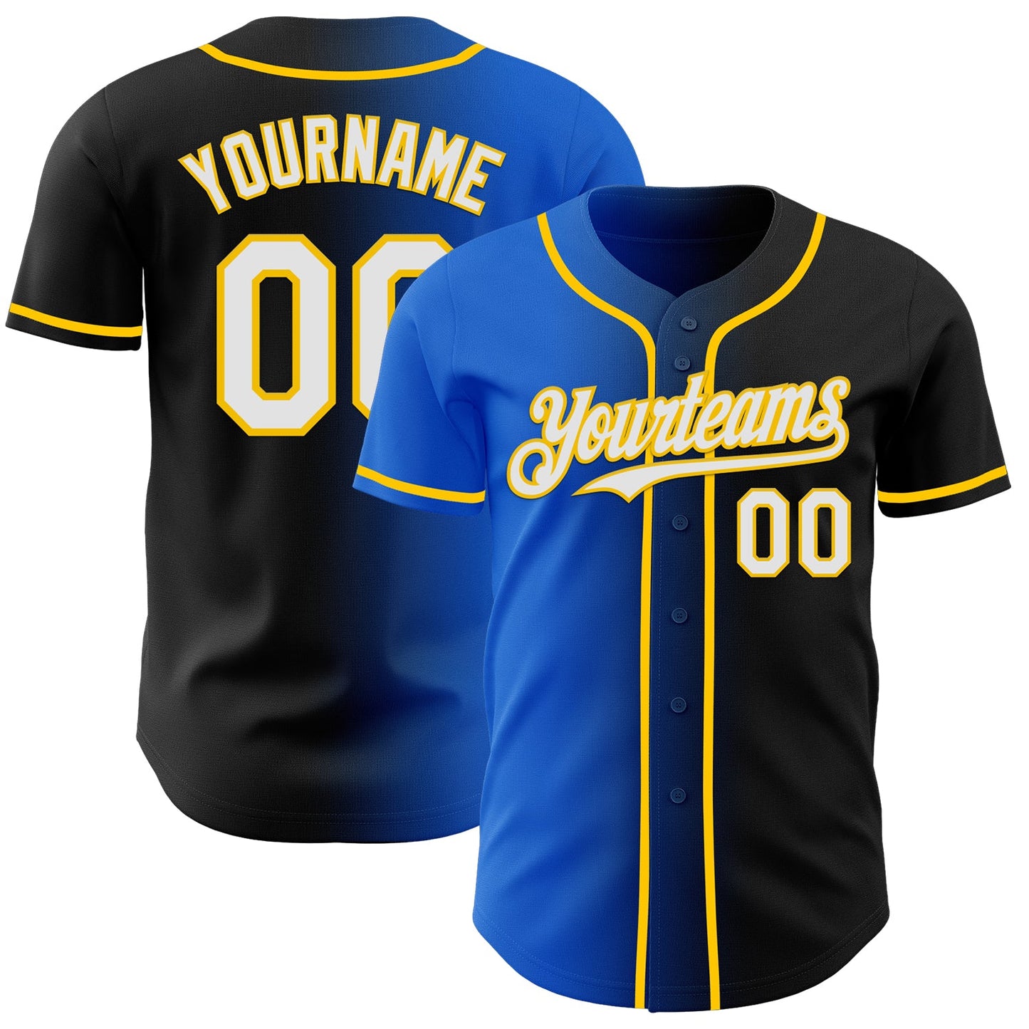Custom Black White Thunder Blue-Yellow Authentic Gradient Fashion Baseball Jersey - Main View