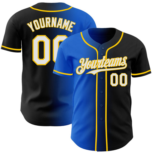 Custom Black White Thunder Blue-Yellow Authentic Gradient Fashion Baseball Jersey - Main View