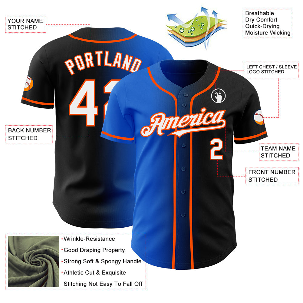 Custom Black White Thunder Blue-Orange Authentic Gradient Fashion Baseball Jersey view 3