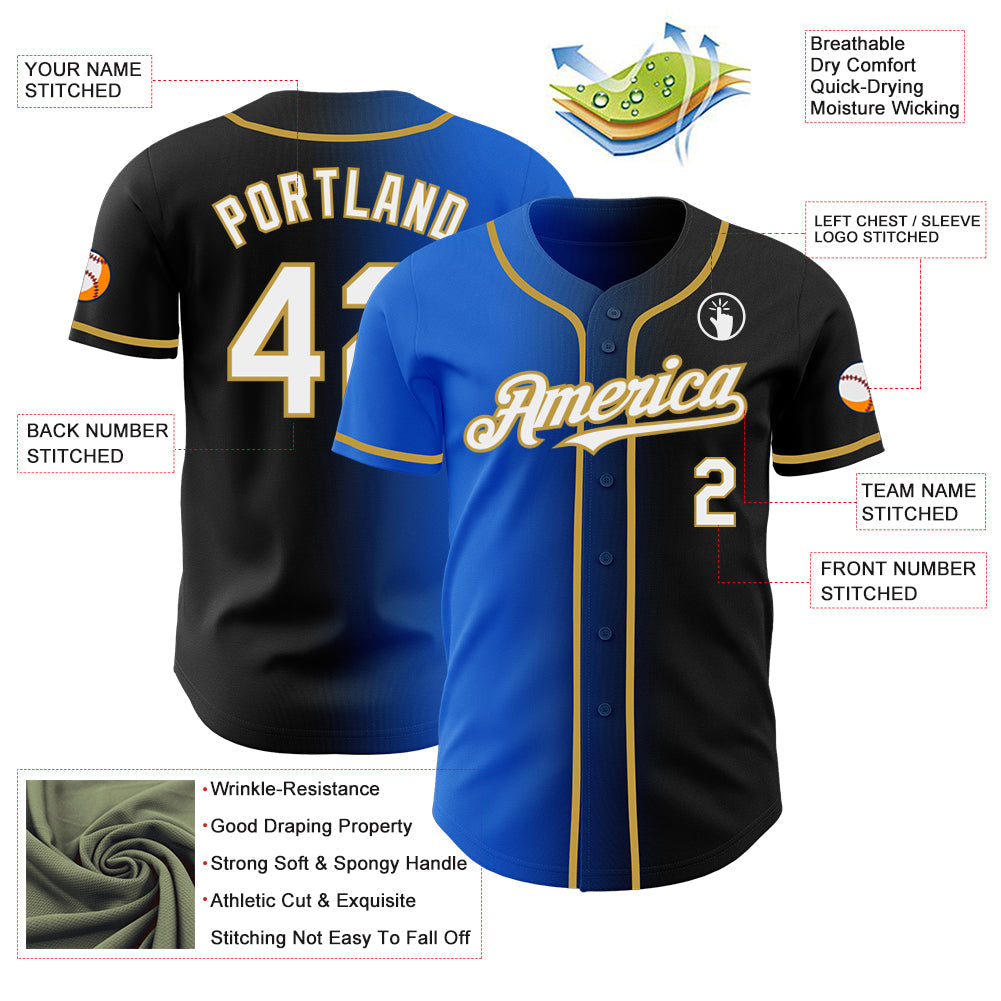 Custom Black White Thunder Blue-Old Gold Authentic Gradient Fashion Baseball Jersey view 3