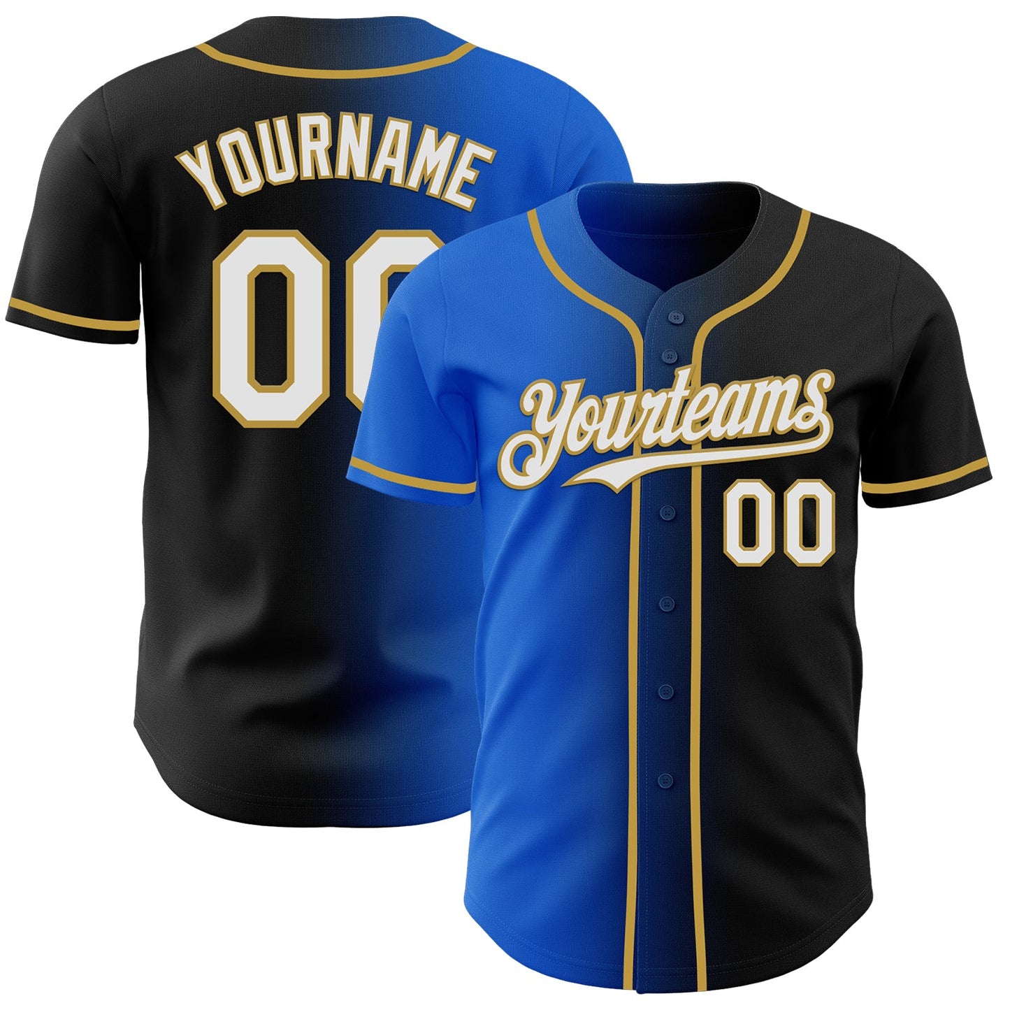 Custom Black White Thunder Blue-Old Gold Authentic Gradient Fashion Baseball Jersey - Main View
