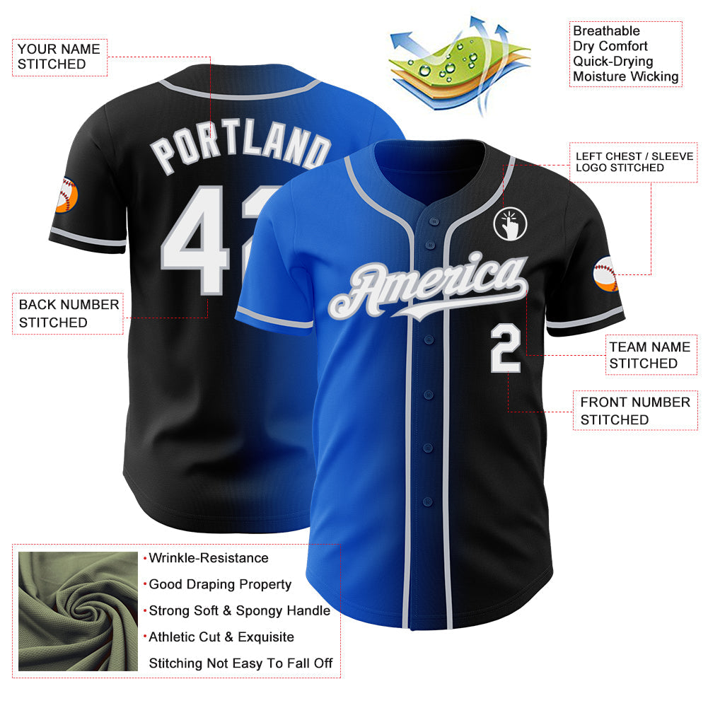 Custom Black White Thunder Blue-Gray Authentic Gradient Fashion Baseball Jersey view 3