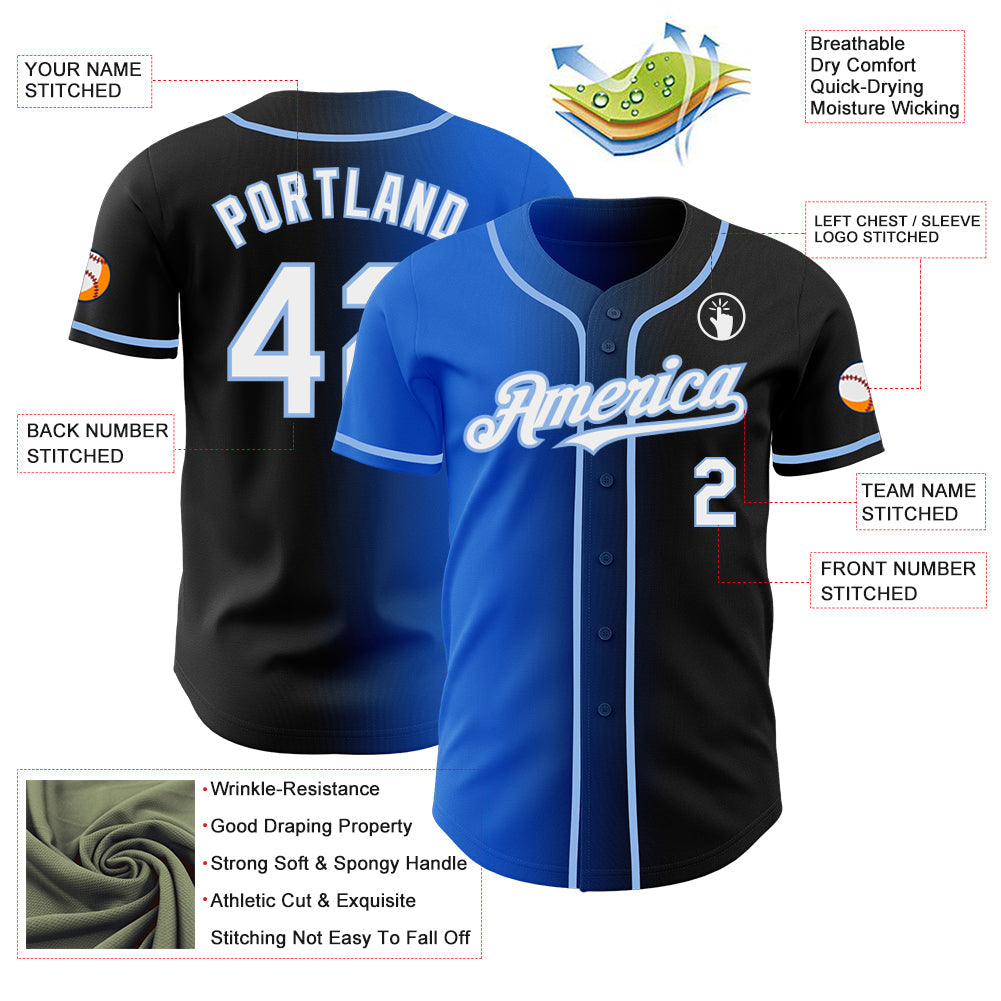 Custom Black White Thunder Blue-Light Blue Authentic Gradient Fashion Baseball Jersey view 3