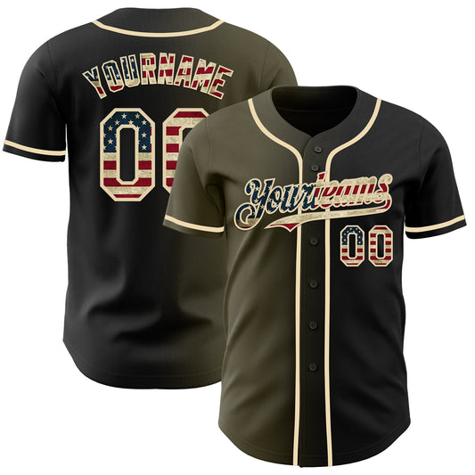 Custom Black Vintage USA Flag Olive-Cream Authentic Gradient Fashion Baseball Jersey - Main View