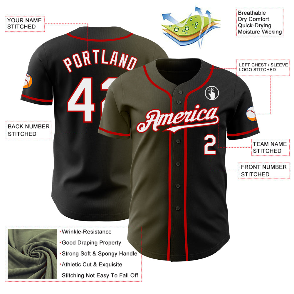 Custom Black White Olive-Red Authentic Gradient Fashion Baseball Jersey view 3