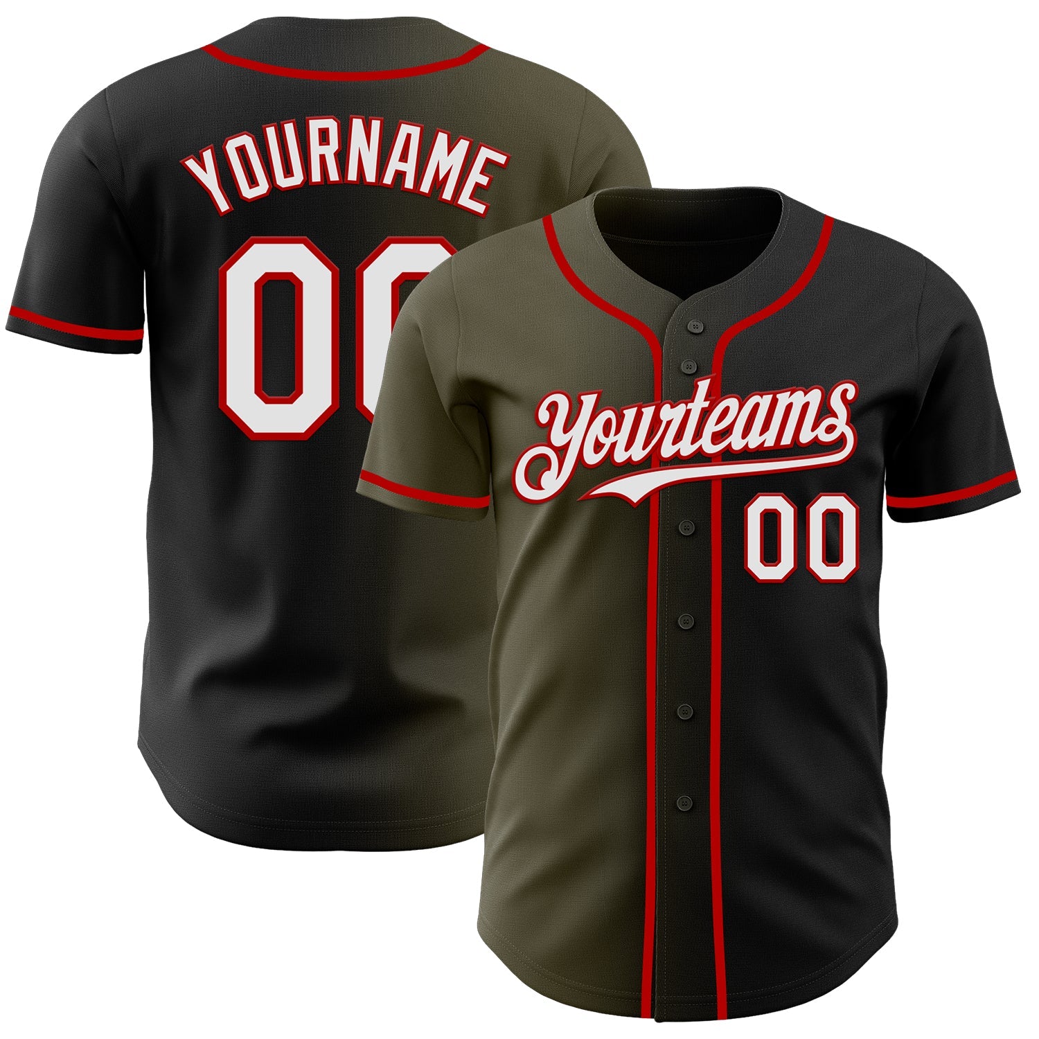Custom Black White Olive-Red Authentic Gradient Fashion Baseball Jersey - Main View