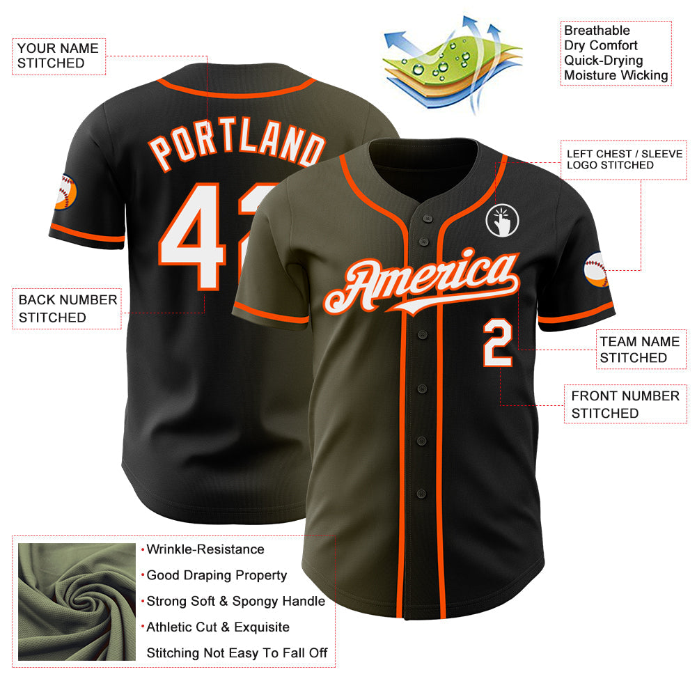 Custom Black White Olive-Orange Authentic Gradient Fashion Baseball Jersey view 3