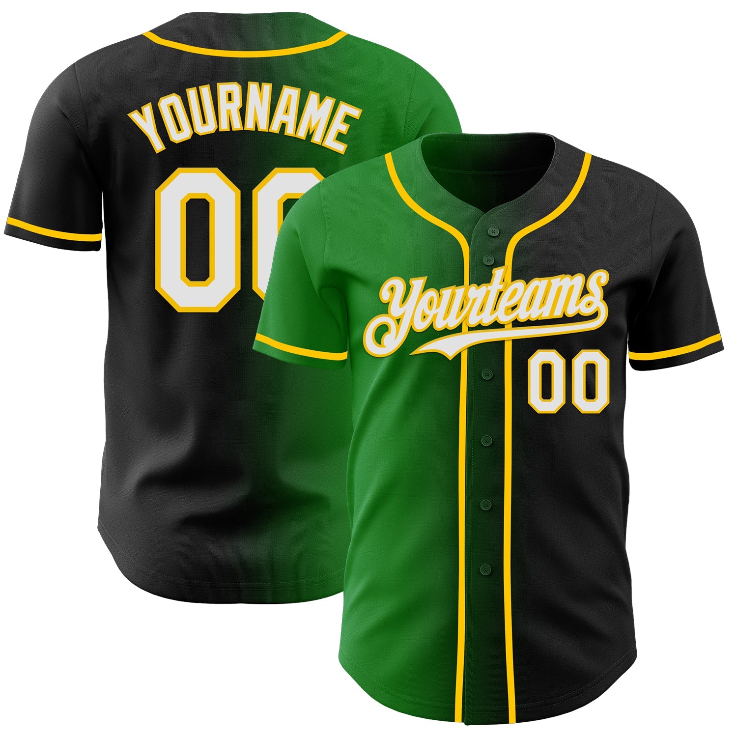 Custom Black White Grass Green-Yellow Authentic Gradient Fashion Baseball Jersey - Main View