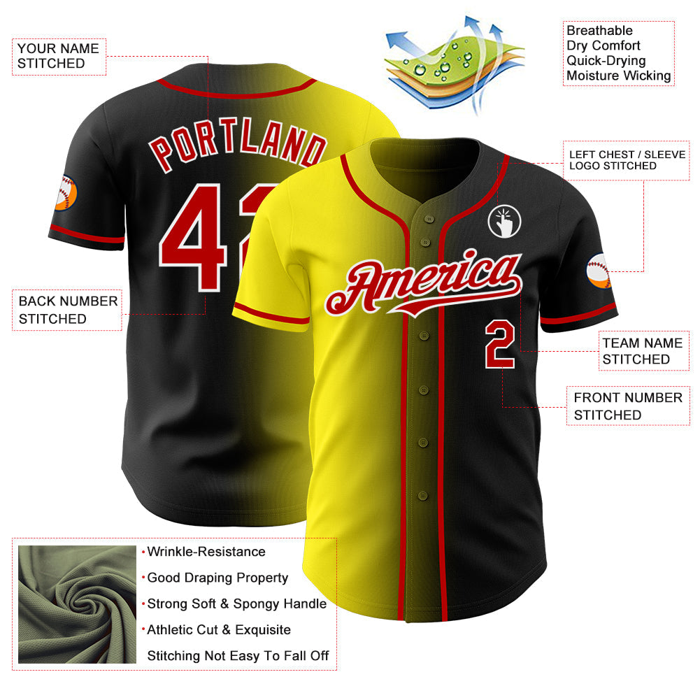 Custom Black Red Light Yellow-White Authentic Gradient Fashion Baseball Jersey view 3