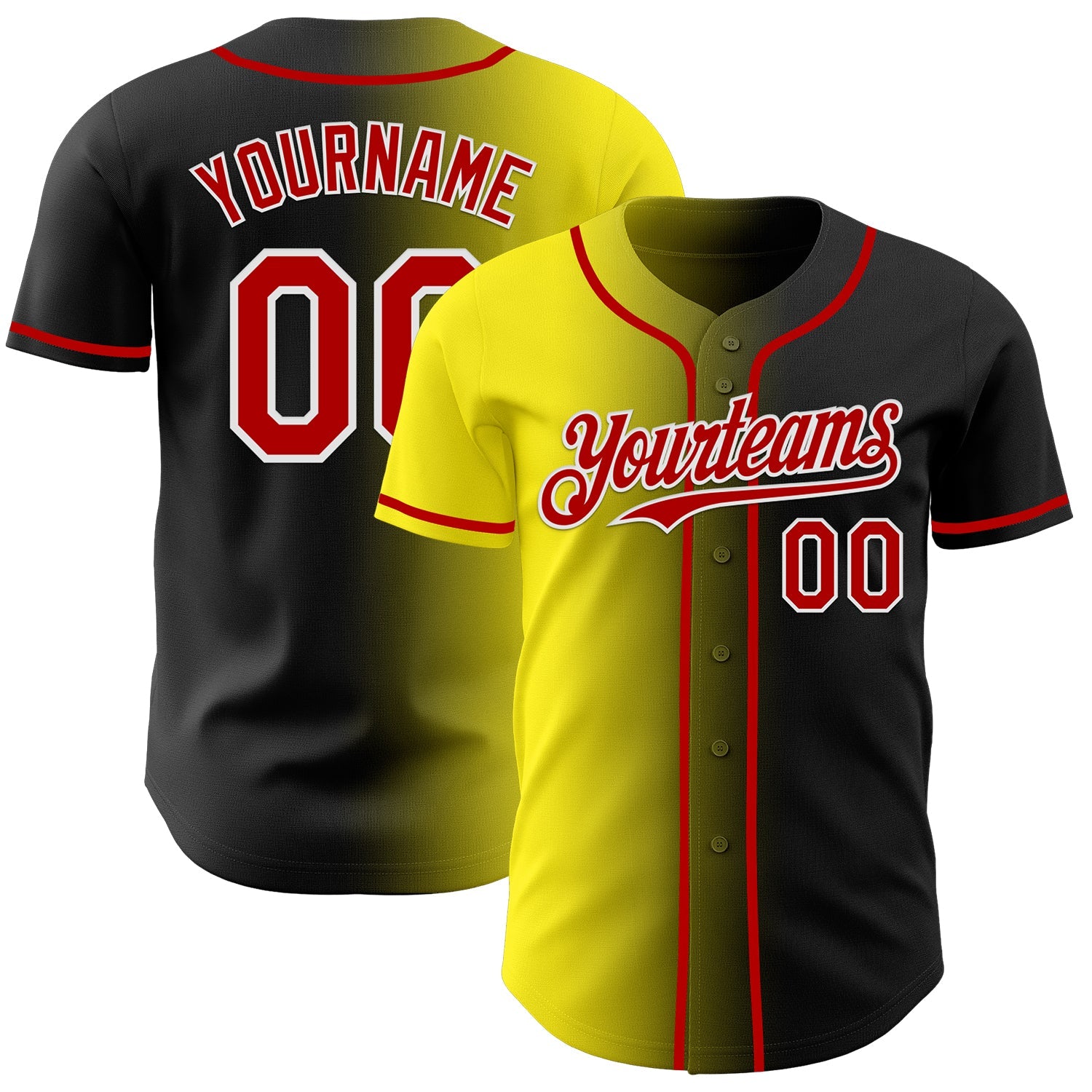 Custom Black Red Light Yellow-White Authentic Gradient Fashion Baseball Jersey - Main View