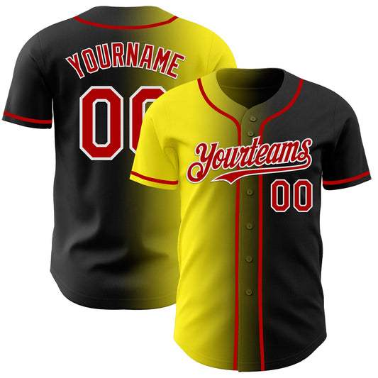 Custom Black Red Light Yellow-White Authentic Gradient Fashion Baseball Jersey - Main View