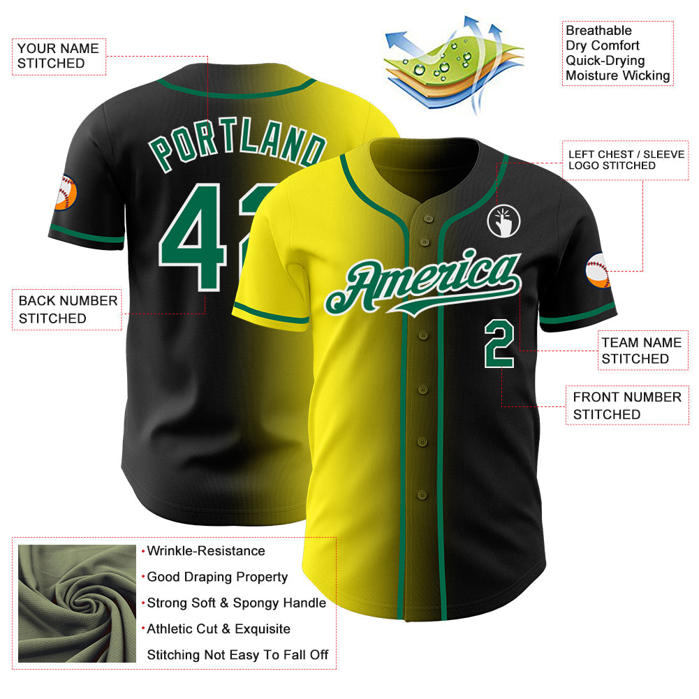 Custom Black Kelly Green Light Yellow-White Authentic Gradient Fashion Baseball Jersey view 3