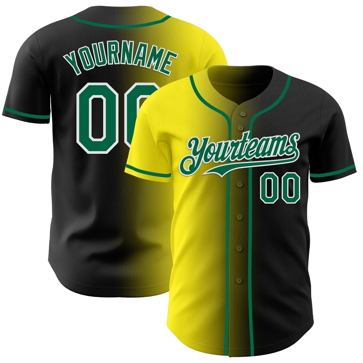 Custom Black Kelly Green Light Yellow-White Authentic Gradient Fashion Baseball Jersey - Main View