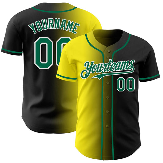 Custom Black Kelly Green Light Yellow-White Authentic Gradient Fashion Baseball Jersey - Main View
