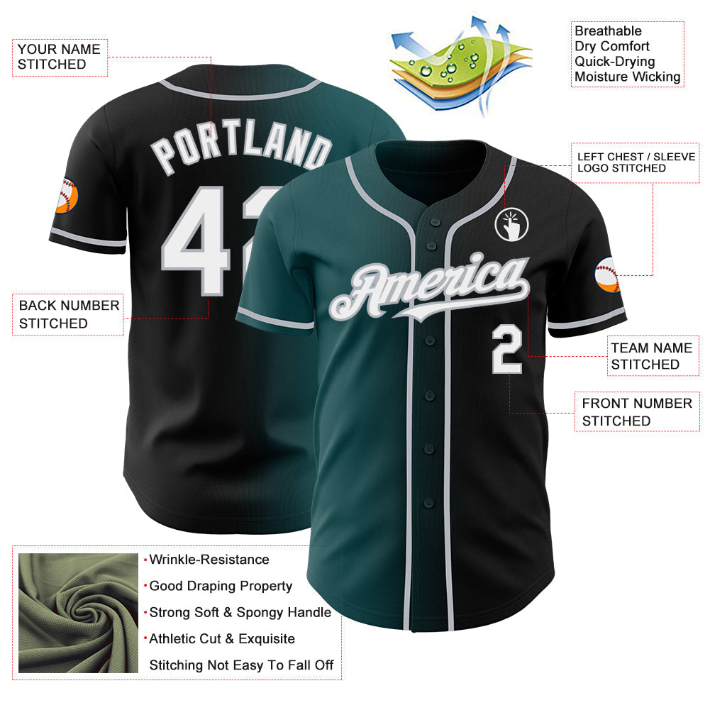 Custom Black White Midnight Green-Gray Authentic Gradient Fashion Baseball Jersey view 3