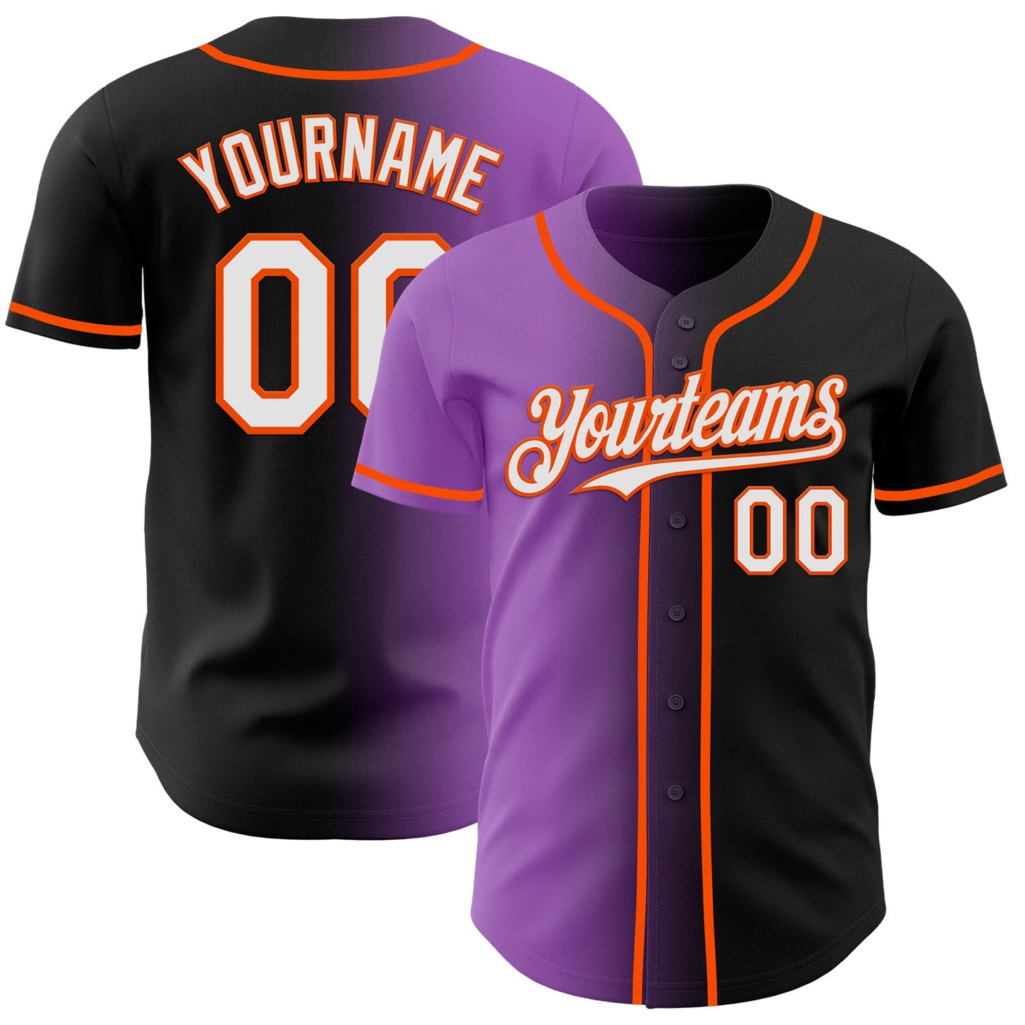 Custom Black White Medium Purple-Orange Authentic Gradient Fashion Baseball Jersey - Main View