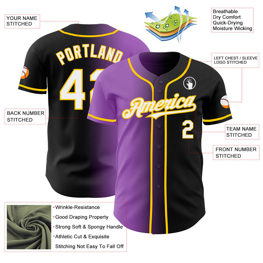 Custom Black White Medium Purple-Yellow Authentic Gradient Fashion Baseball Jersey view 3
