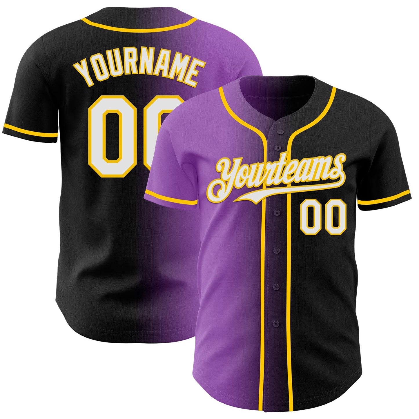 Custom Black White Medium Purple-Yellow Authentic Gradient Fashion Baseball Jersey - Main View