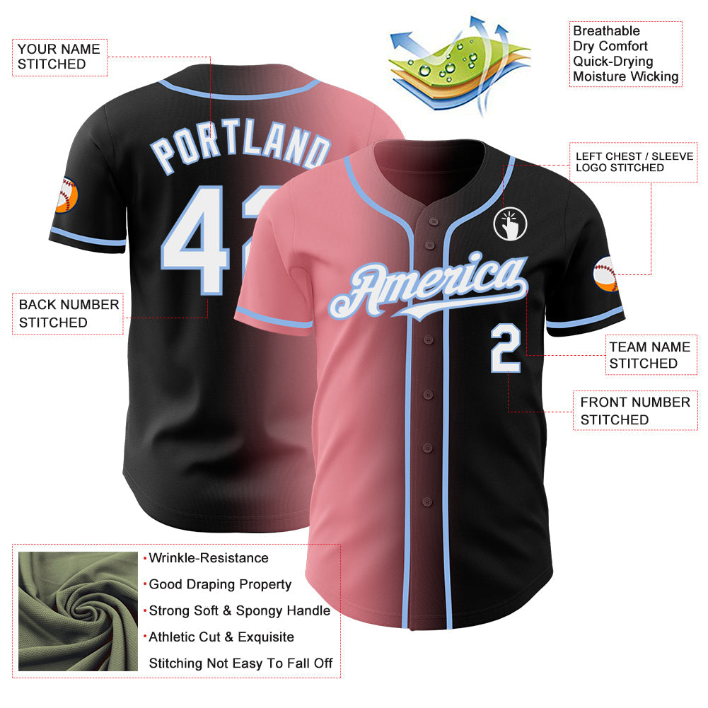 Custom Black White Medium Pink-Light Blue Authentic Gradient Fashion Baseball Jersey view 3