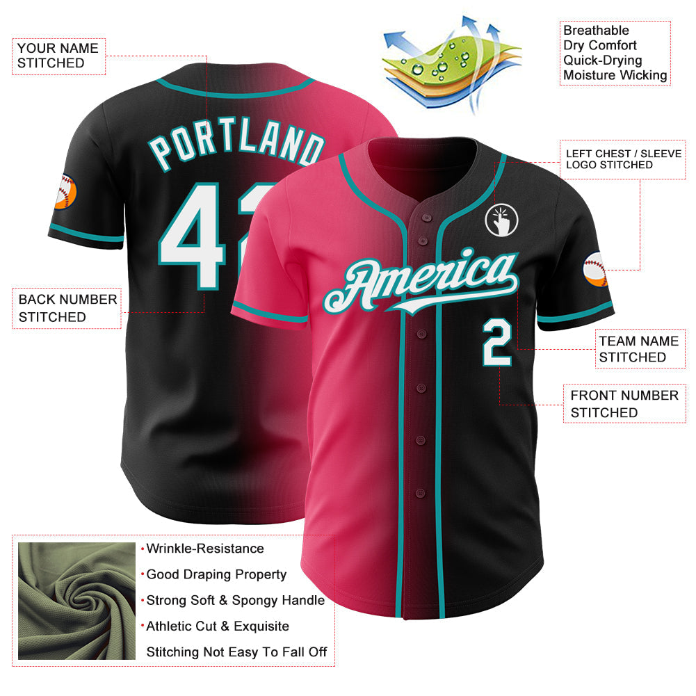 Custom Black White Neon Pink-Teal Authentic Gradient Fashion Baseball Jersey view 3