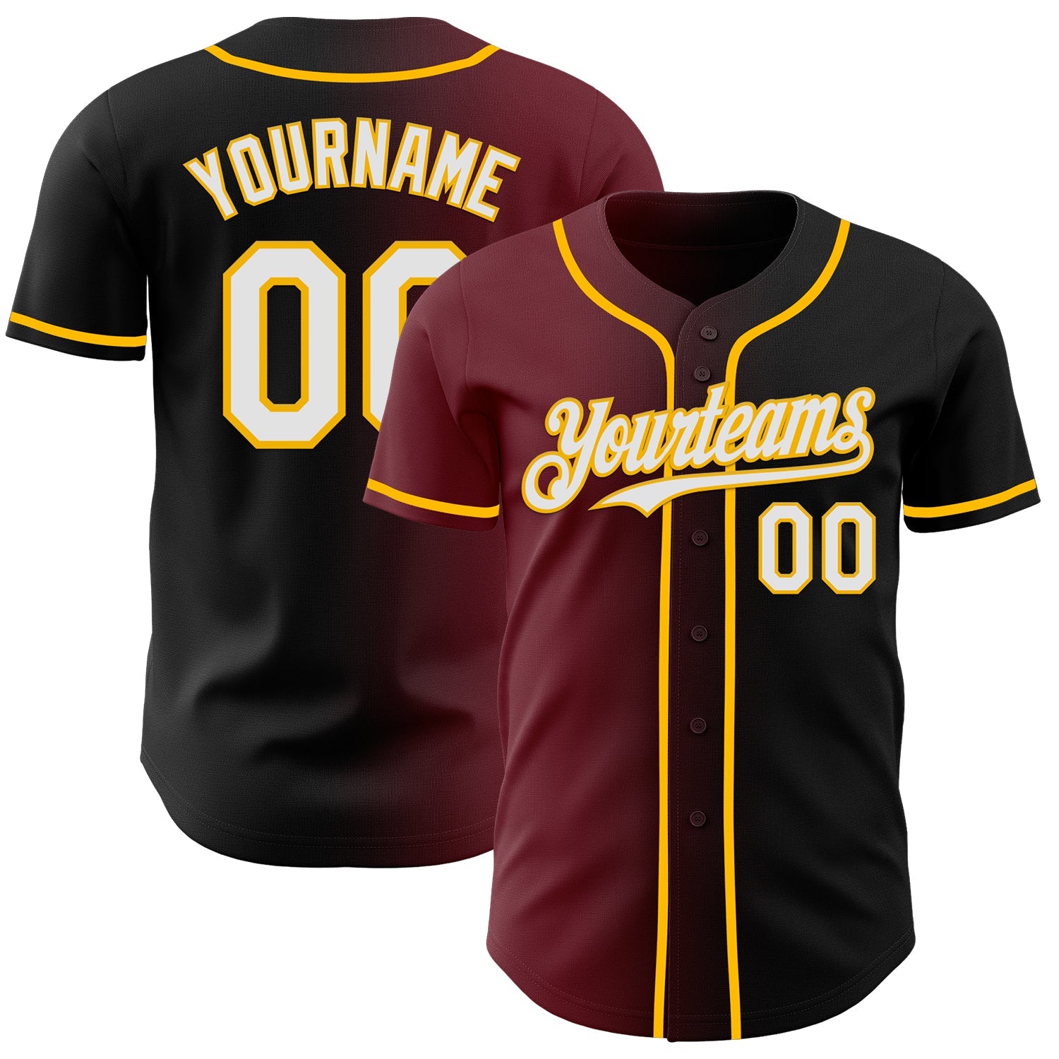 Custom Black White Burgundy-Gold Authentic Gradient Fashion Baseball Jersey - Main View