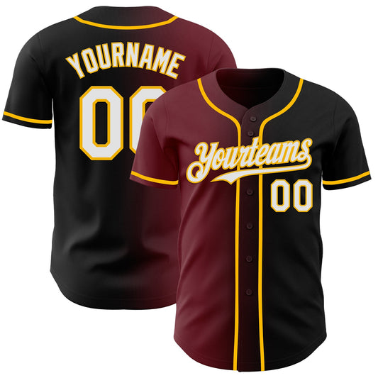 Custom Black White Burgundy-Gold Authentic Gradient Fashion Baseball Jersey - Main View