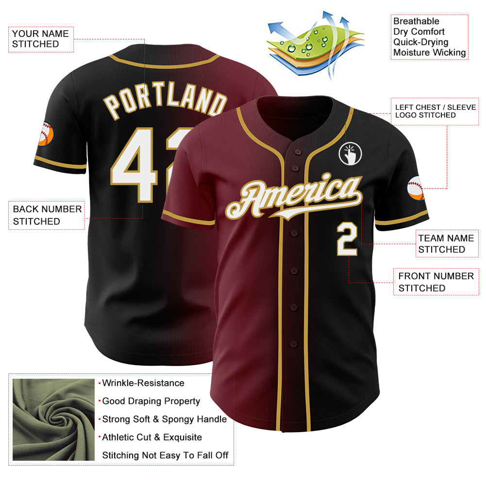 Custom Black White Burgundy-Old Gold Authentic Gradient Fashion Baseball Jersey view 3
