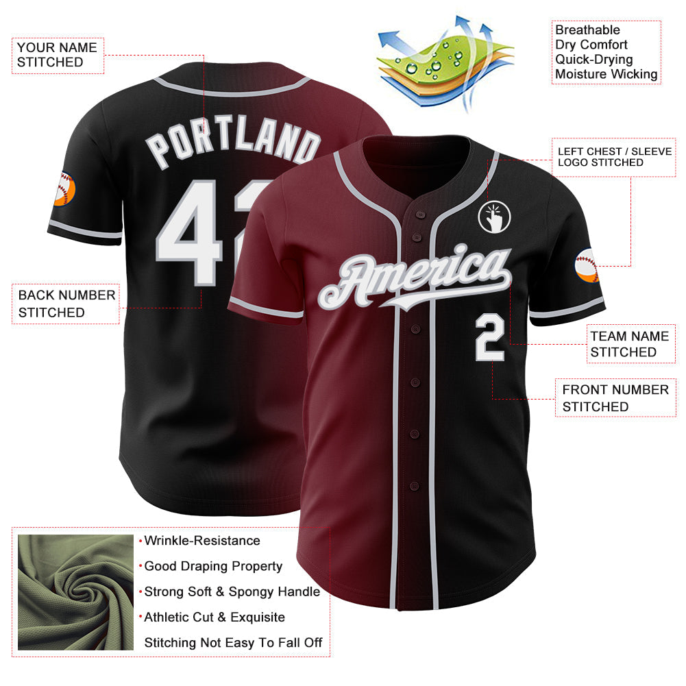 Custom Black White Burgundy-Gray Authentic Gradient Fashion Baseball Jersey view 3