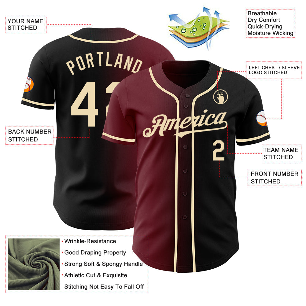 Custom Black Cream-Burgundy Authentic Gradient Fashion Baseball Jersey view 3