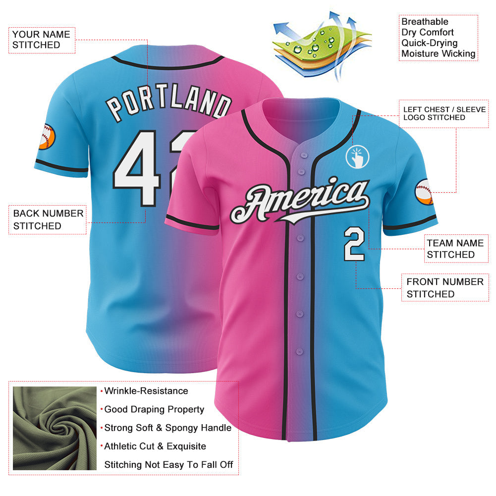 Custom Sky Blue White Pink-Black Authentic Gradient Fashion Baseball Jersey view 3
