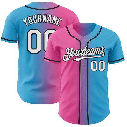 Custom Sky Blue White Pink-Black Authentic Gradient Fashion Baseball Jersey - Main View