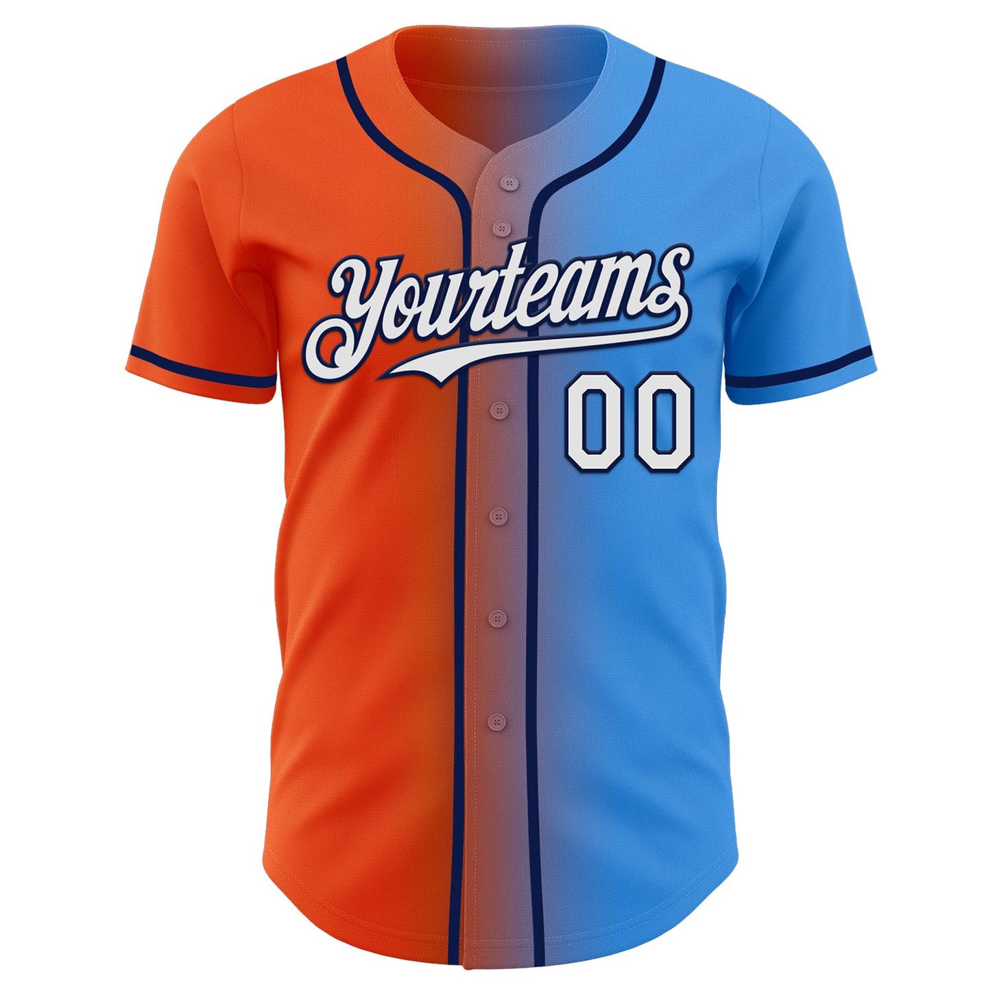 Custom Electric Blue White Orange-Navy Authentic Gradient Fashion Baseball Jersey view 2