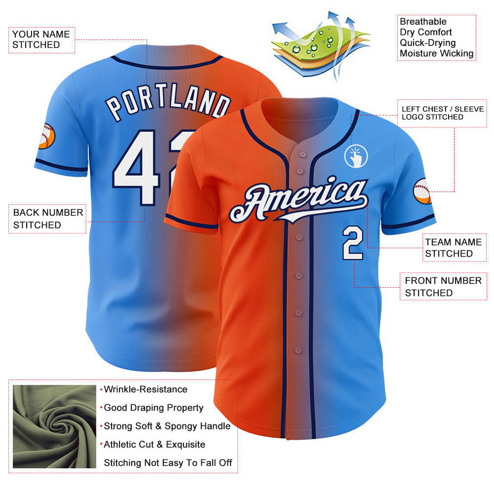 Custom Electric Blue White Orange-Navy Authentic Gradient Fashion Baseball Jersey view 3