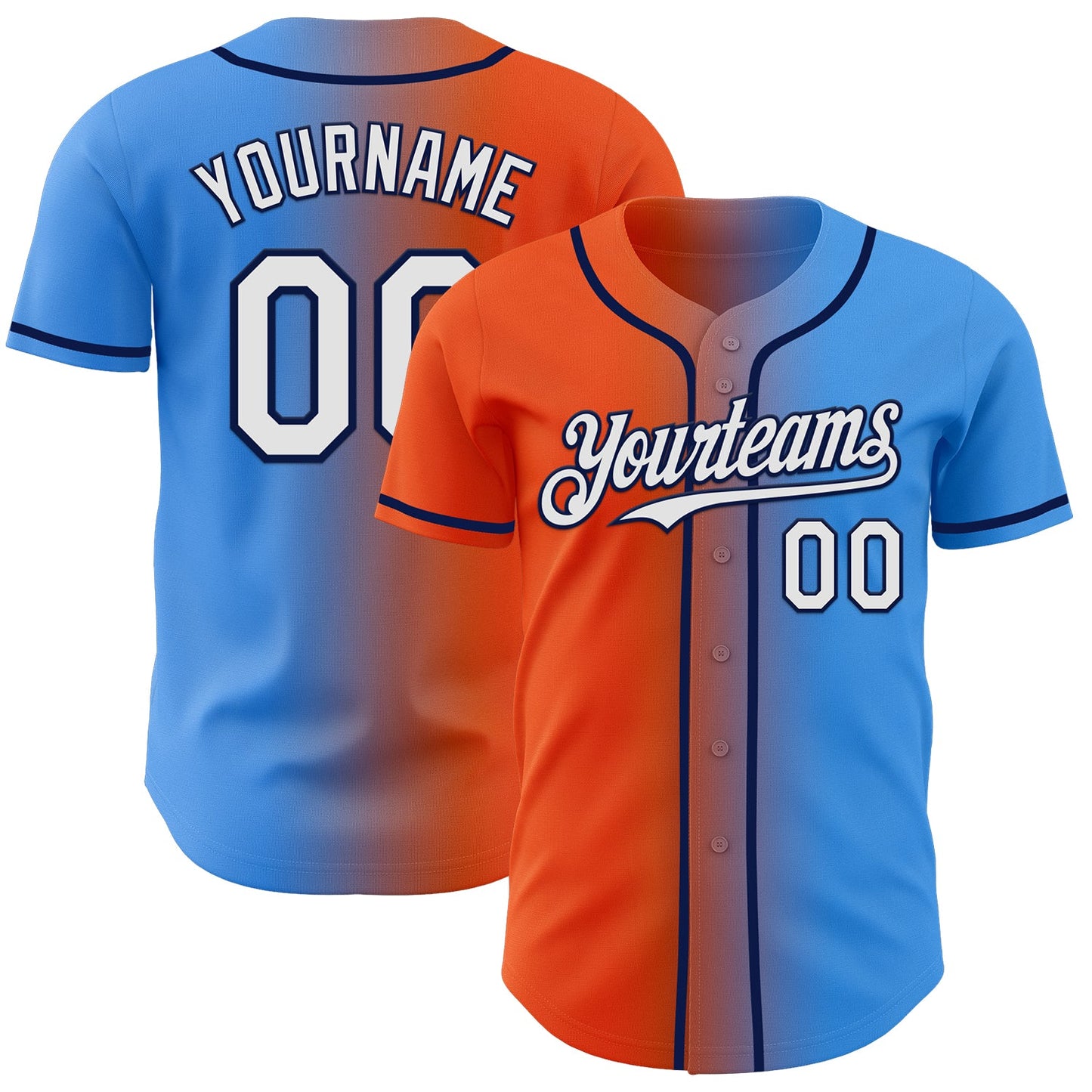 Custom Electric Blue White Orange-Navy Authentic Gradient Fashion Baseball Jersey - Main View