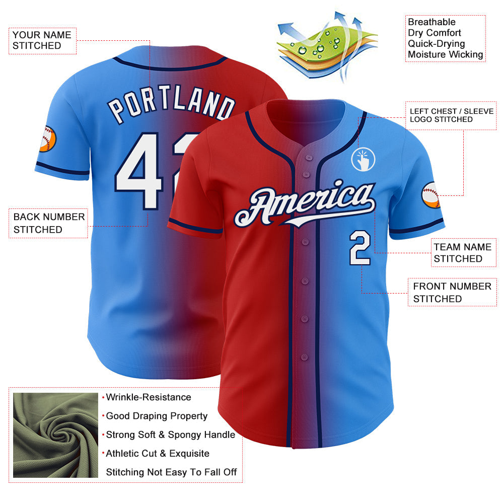 Custom Electric Blue White Red-Navy Authentic Gradient Fashion Baseball Jersey view 3