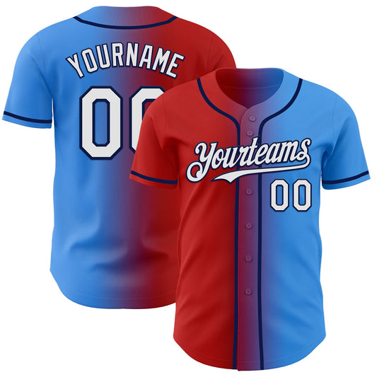 Custom Electric Blue White Red-Navy Authentic Gradient Fashion Baseball Jersey - Main View